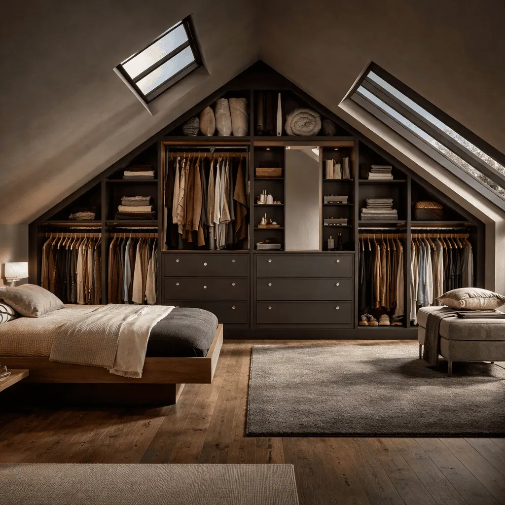 Fitted loft wardrobe storage around a sloped ceiling