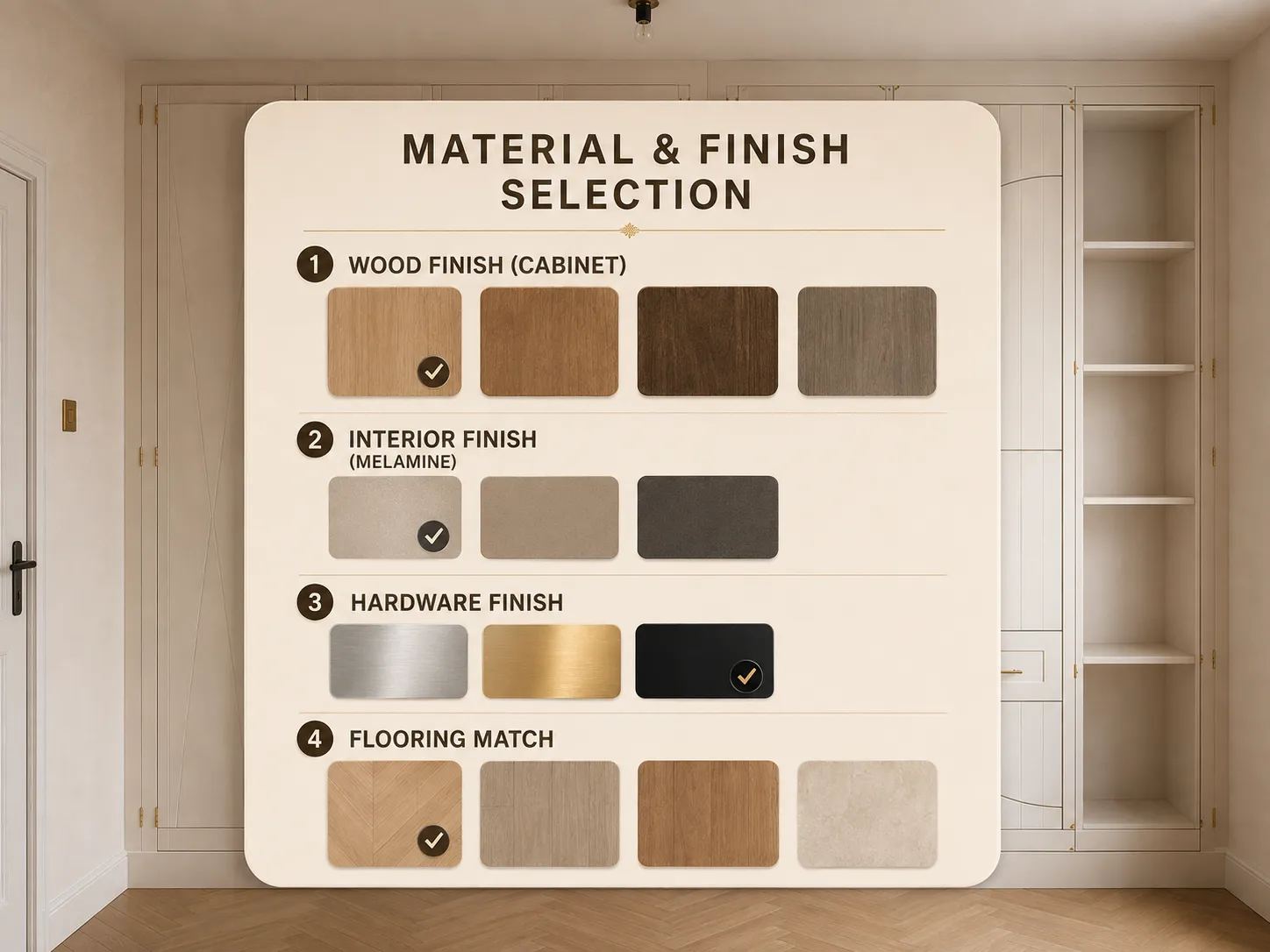 Material samples for fitted furniture finishes