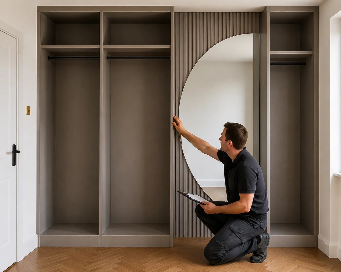 Fitter checking fitted bedroom storage and alignment