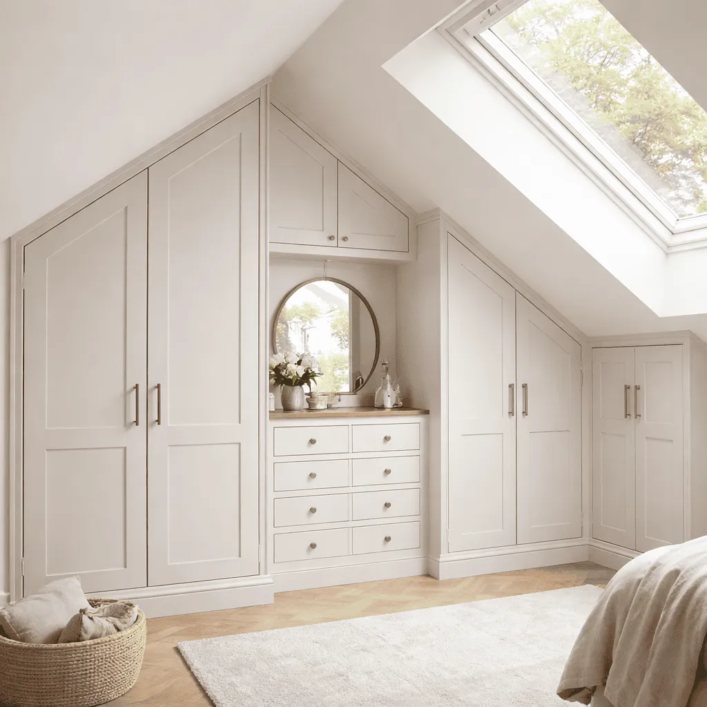 Bespoke loft wardrobes fitted beneath sloped ceilings with drawers and skylight storage