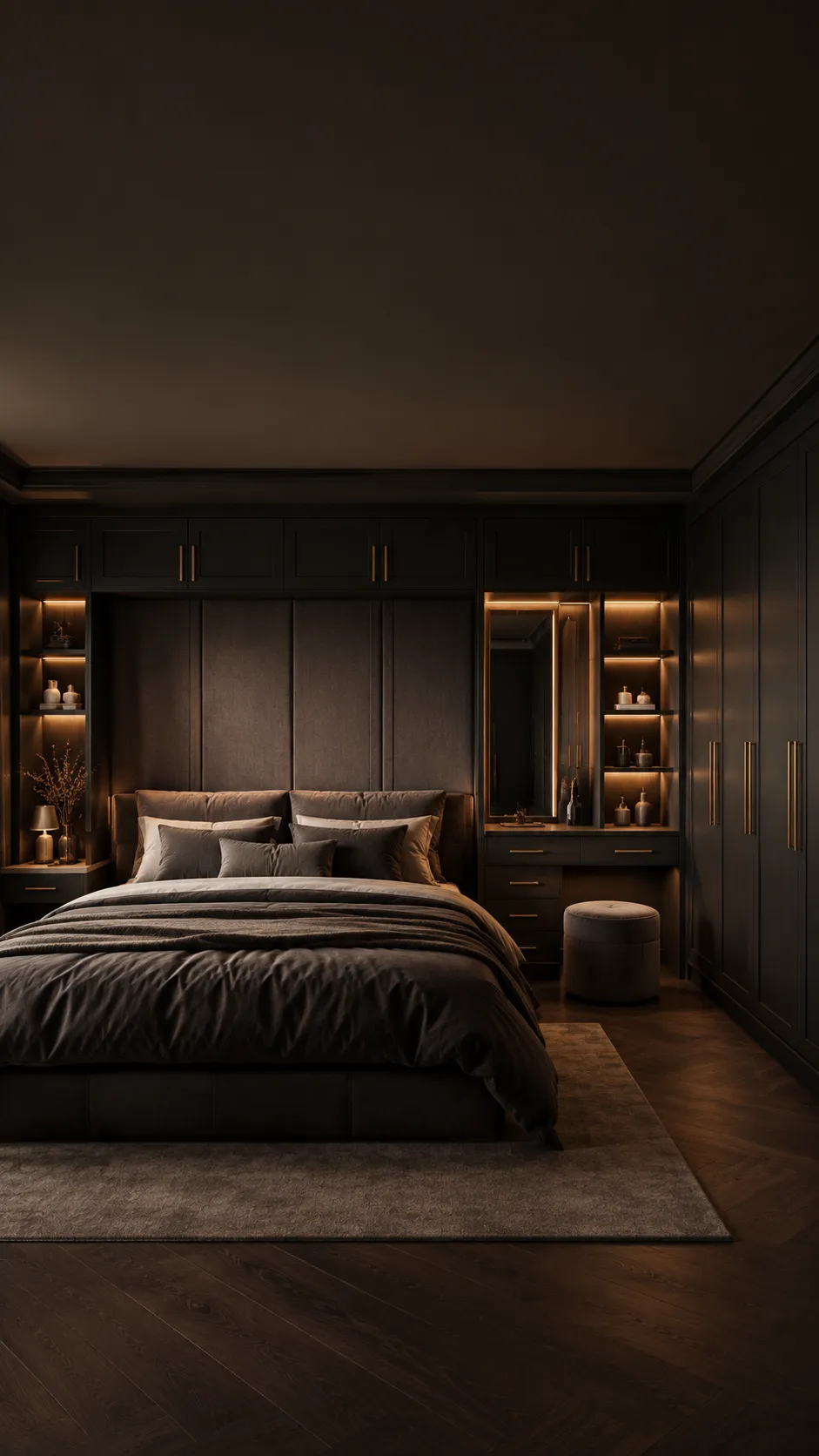 Bespoke fitted bedroom with coordinated furniture, wardrobe storage and warm finishes