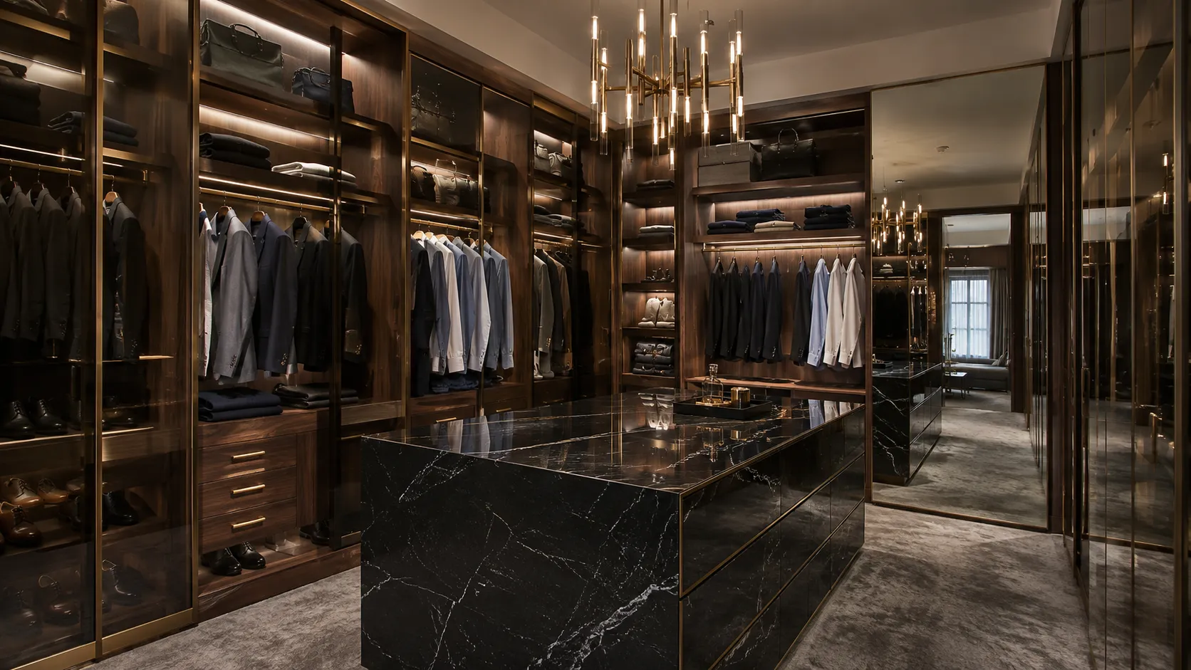 Walk-in wardrobe concept with an island unit and planned storage zones