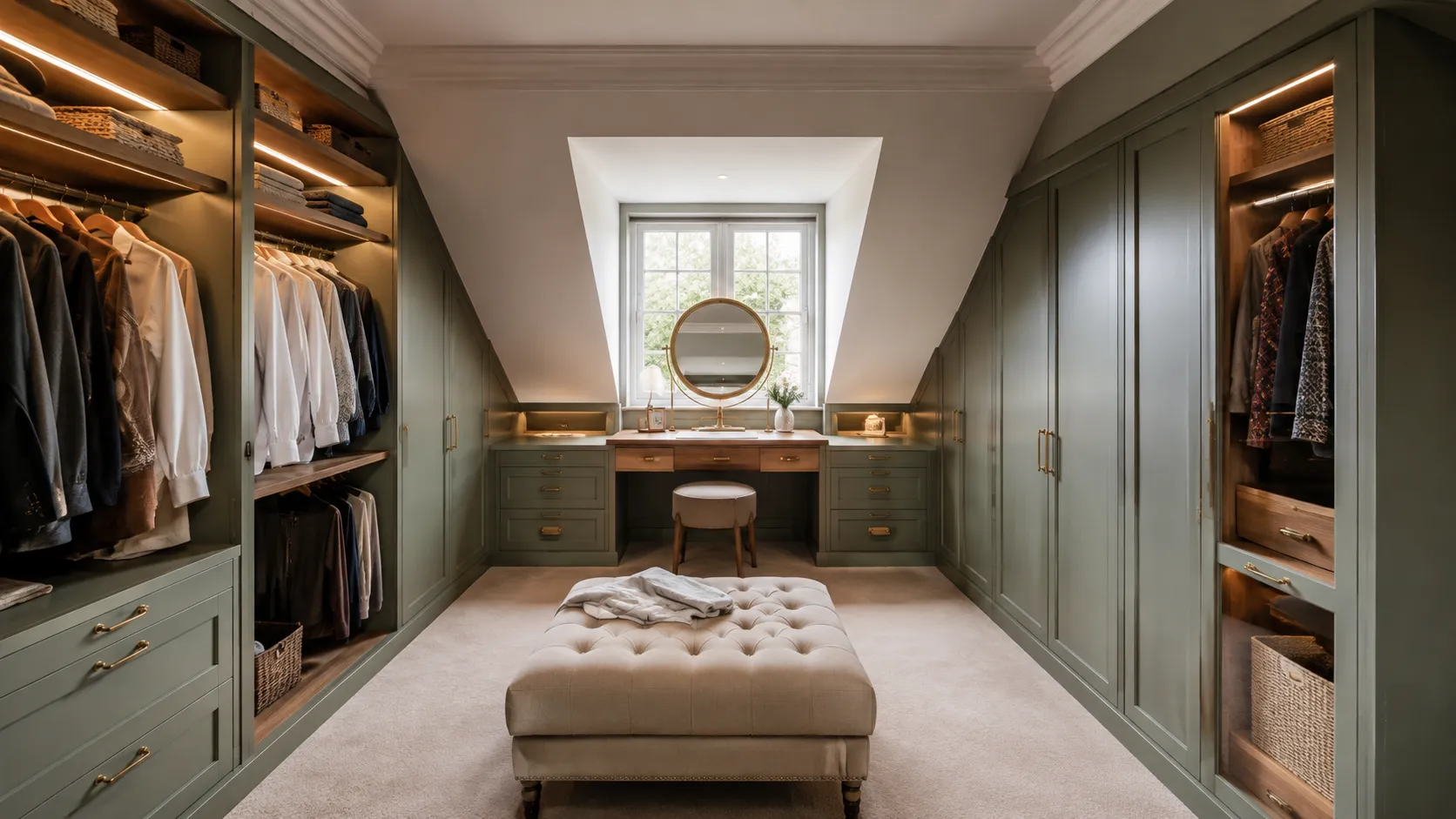 Open loft wardrobe shelving with hanging rails and warm integrated lighting