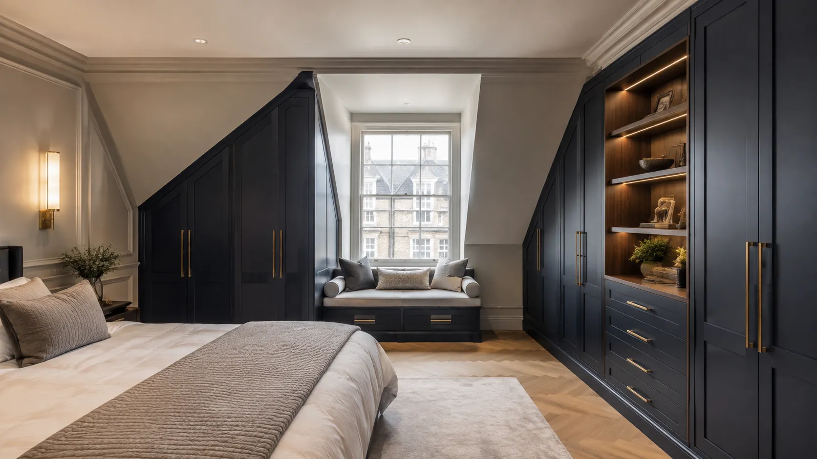 Dark loft wardrobe cabinetry with drawers, sloped doors and open shelving