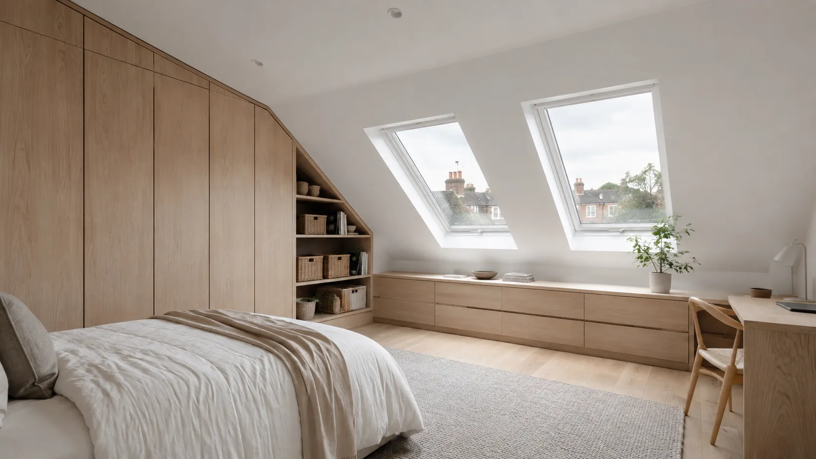 Loft wardrobe with low drawer combinations and open shelving