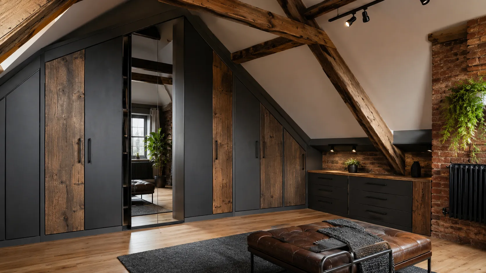 Graphite and timber loft wardrobe fitted beneath exposed beams