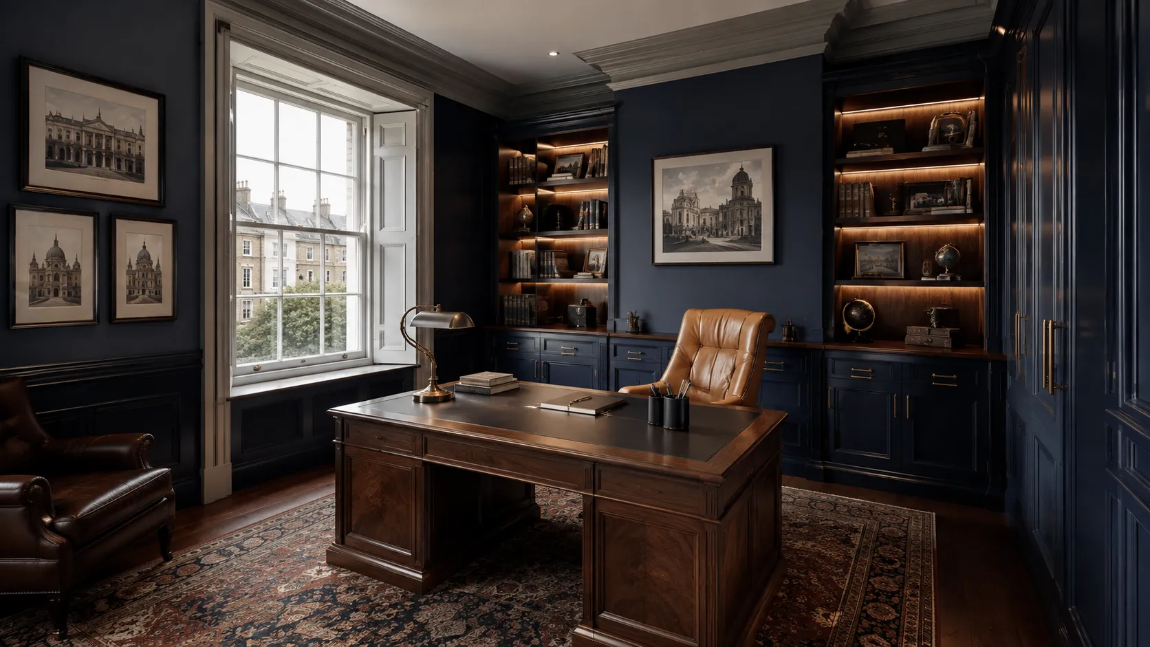 Fitted home office with integrated office lighting and cabinetry