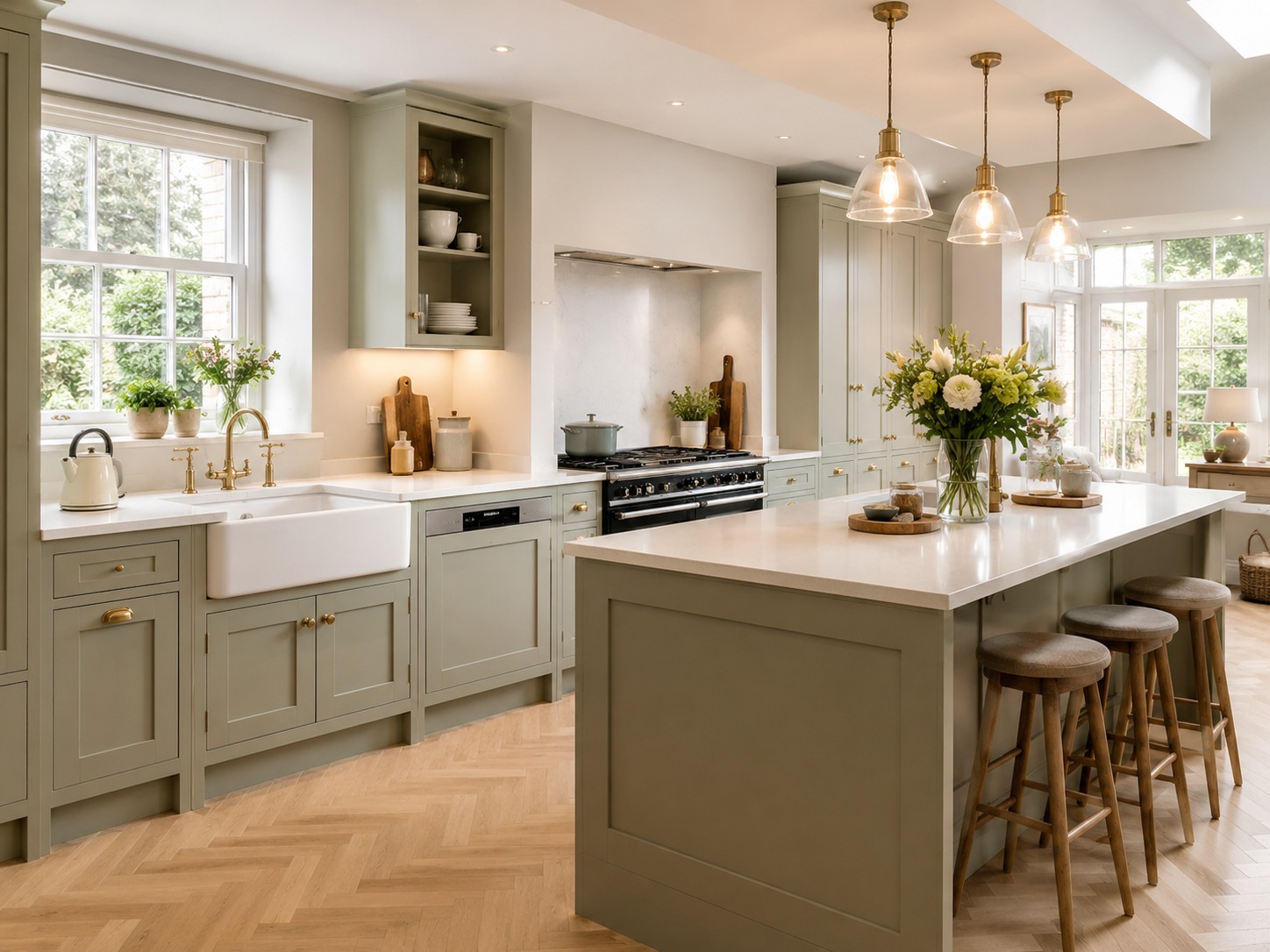 Classic fitted kitchen with pantry-style storage, base cabinets and an island