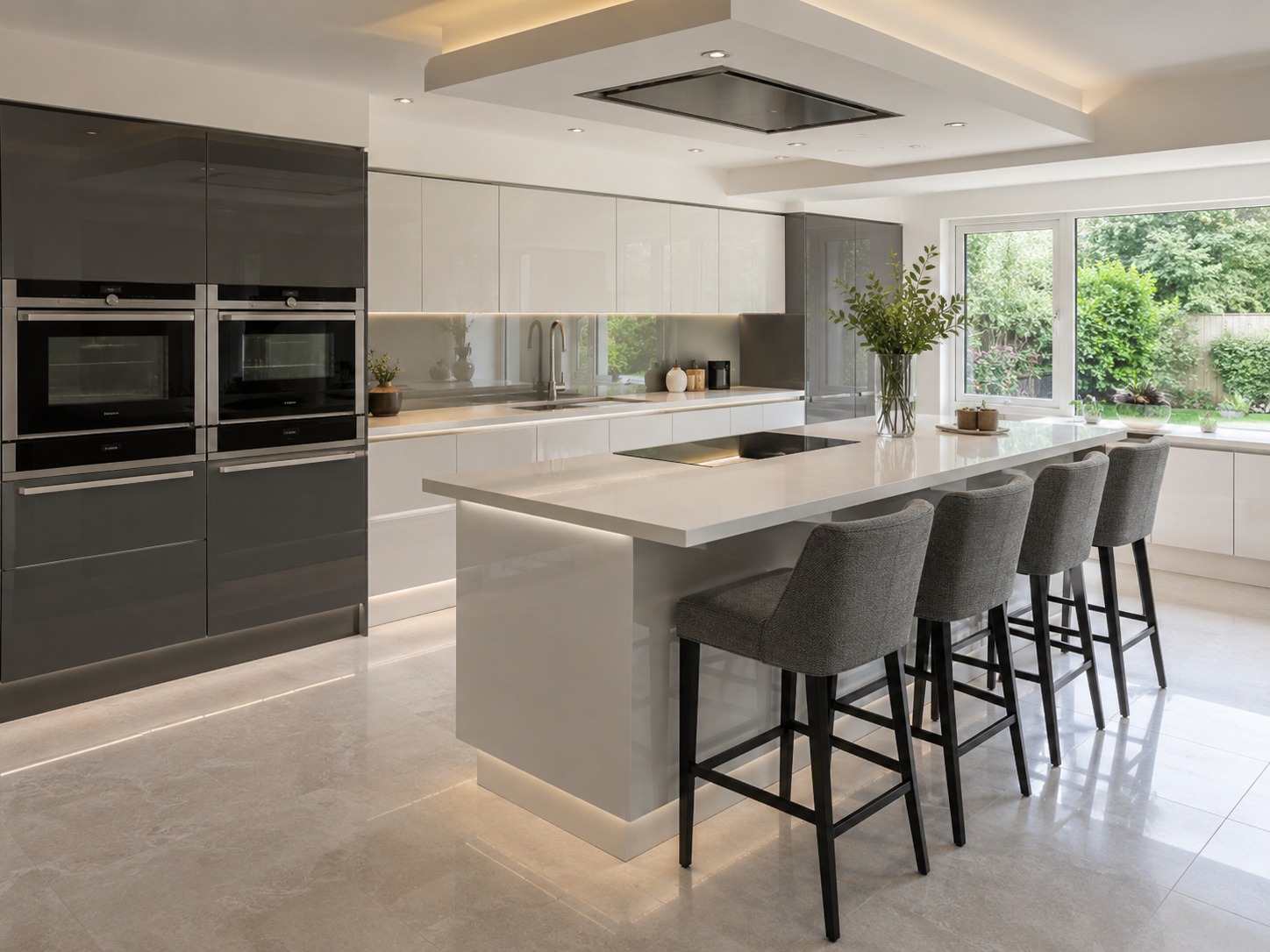 Gloss fitted kitchen with coordinated worktop, island and cabinetry