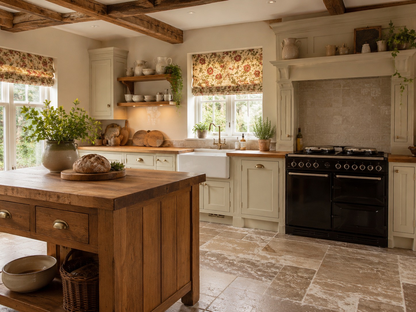 Traditional fitted kitchen with warm timber worktop and cabinetry