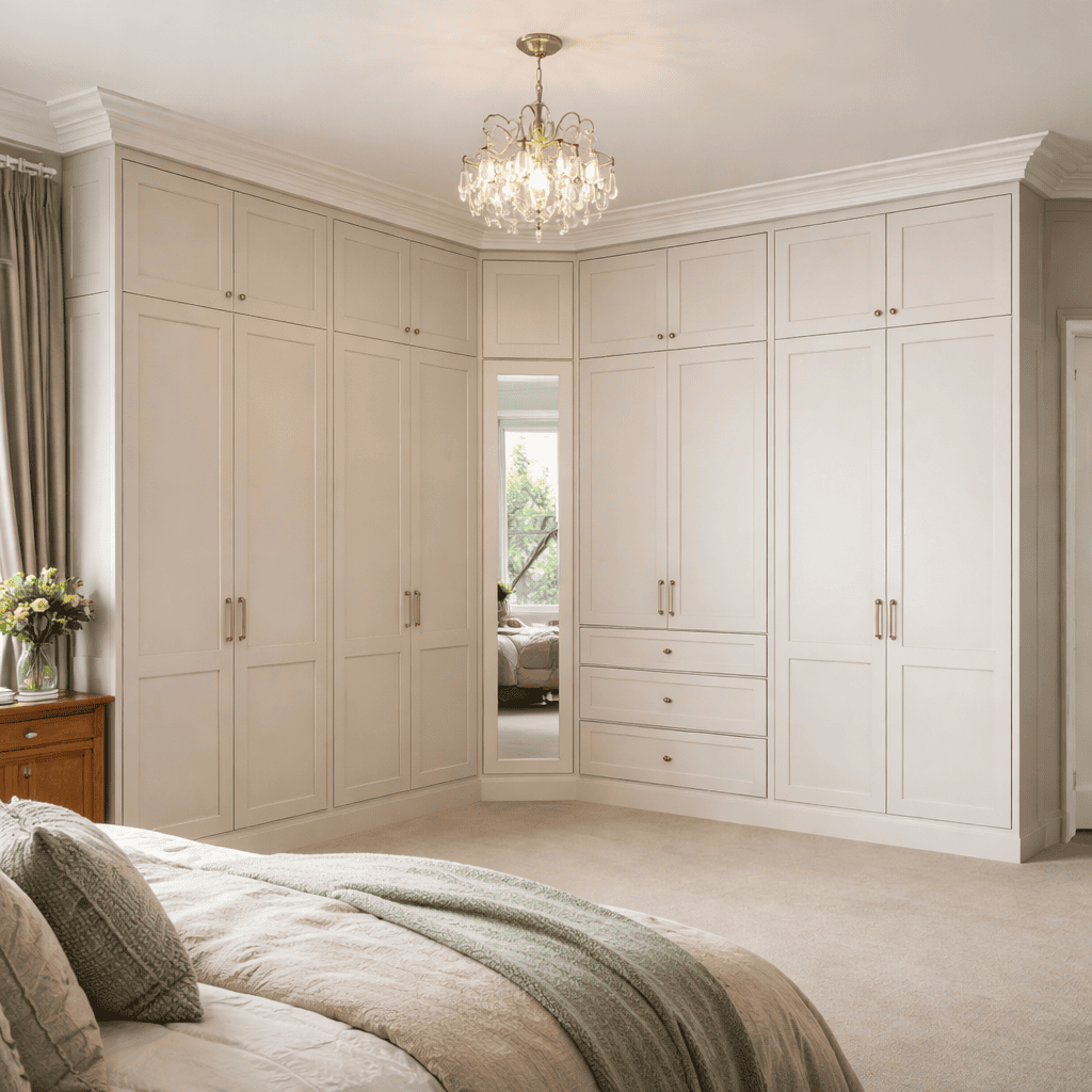 Corner fitted wardrobe wrapping around two walls