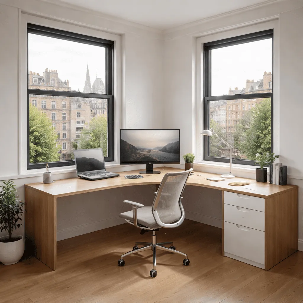 Corner fitted home office desk designed to use two walls efficiently