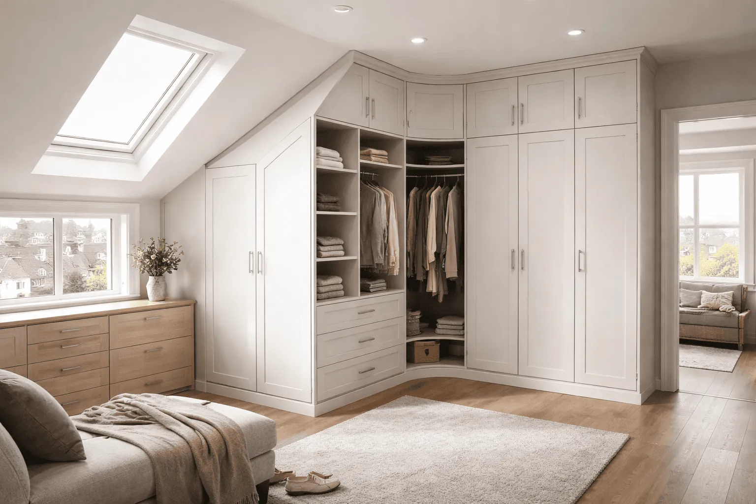 Corner loft wardrobe storage with hanging space, drawers and open shelves