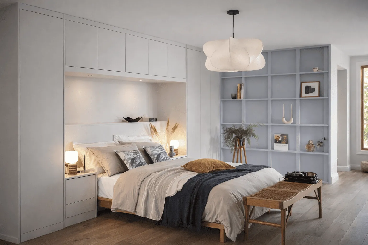 Fitted wardrobes with integrated bedside tables in a bedroom