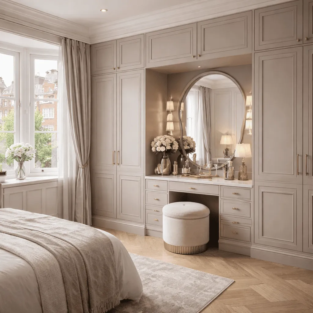 Fitted bedroom with an integrated dressing table and wardrobe storage