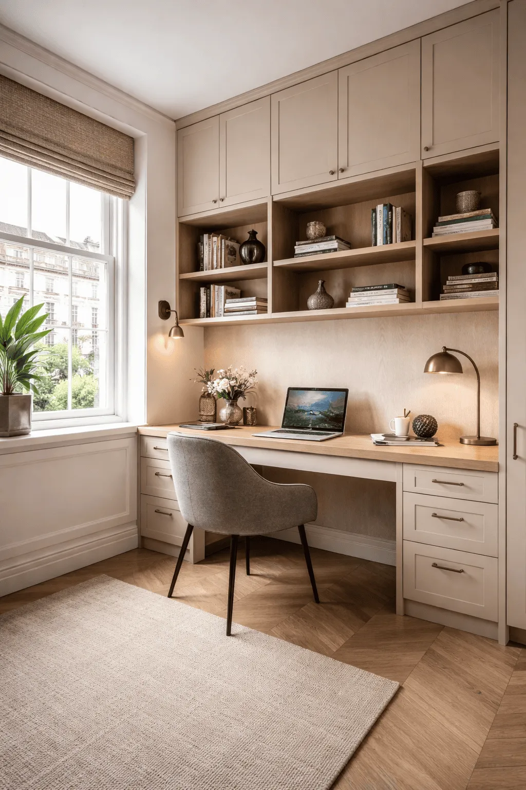 Fitted home office desk with shelving and storage planned around the room