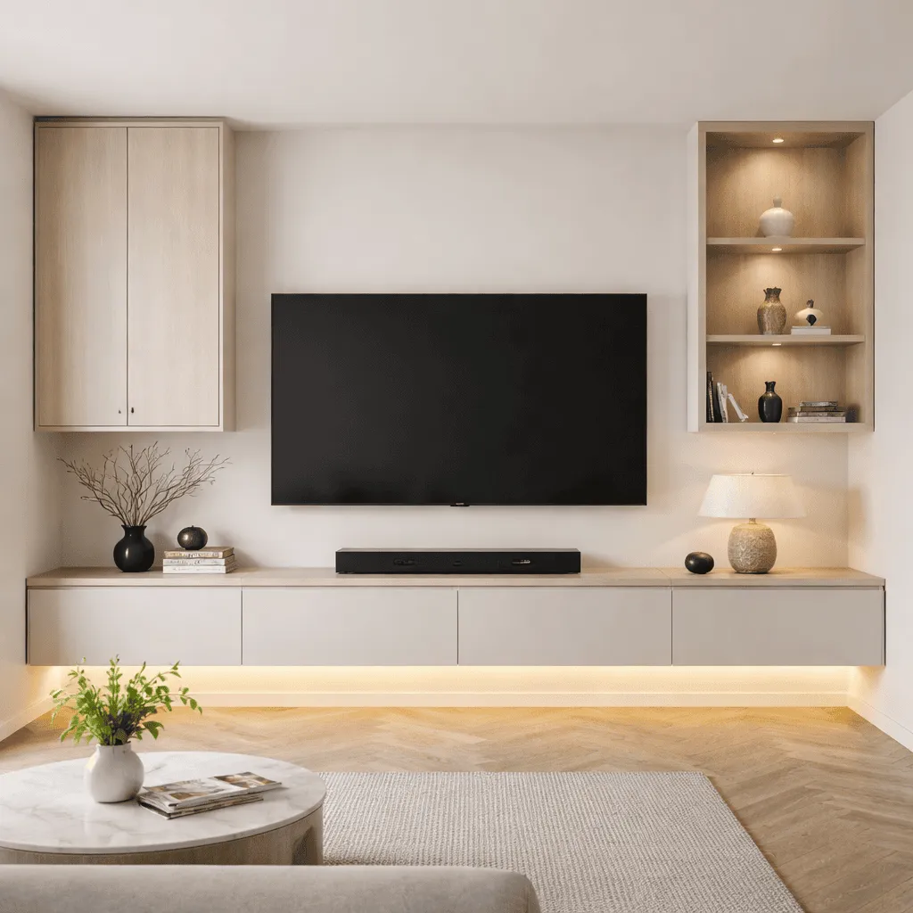 Floating media wall cabinet with open shelving and a wall-mounted television