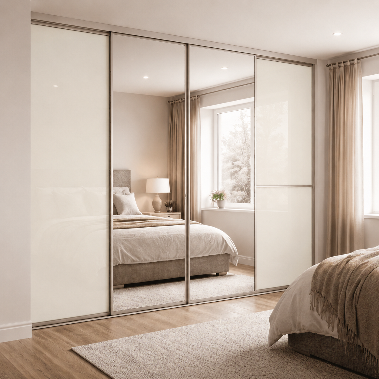 Frost white sliding wardrobe finish shown in a bedroom