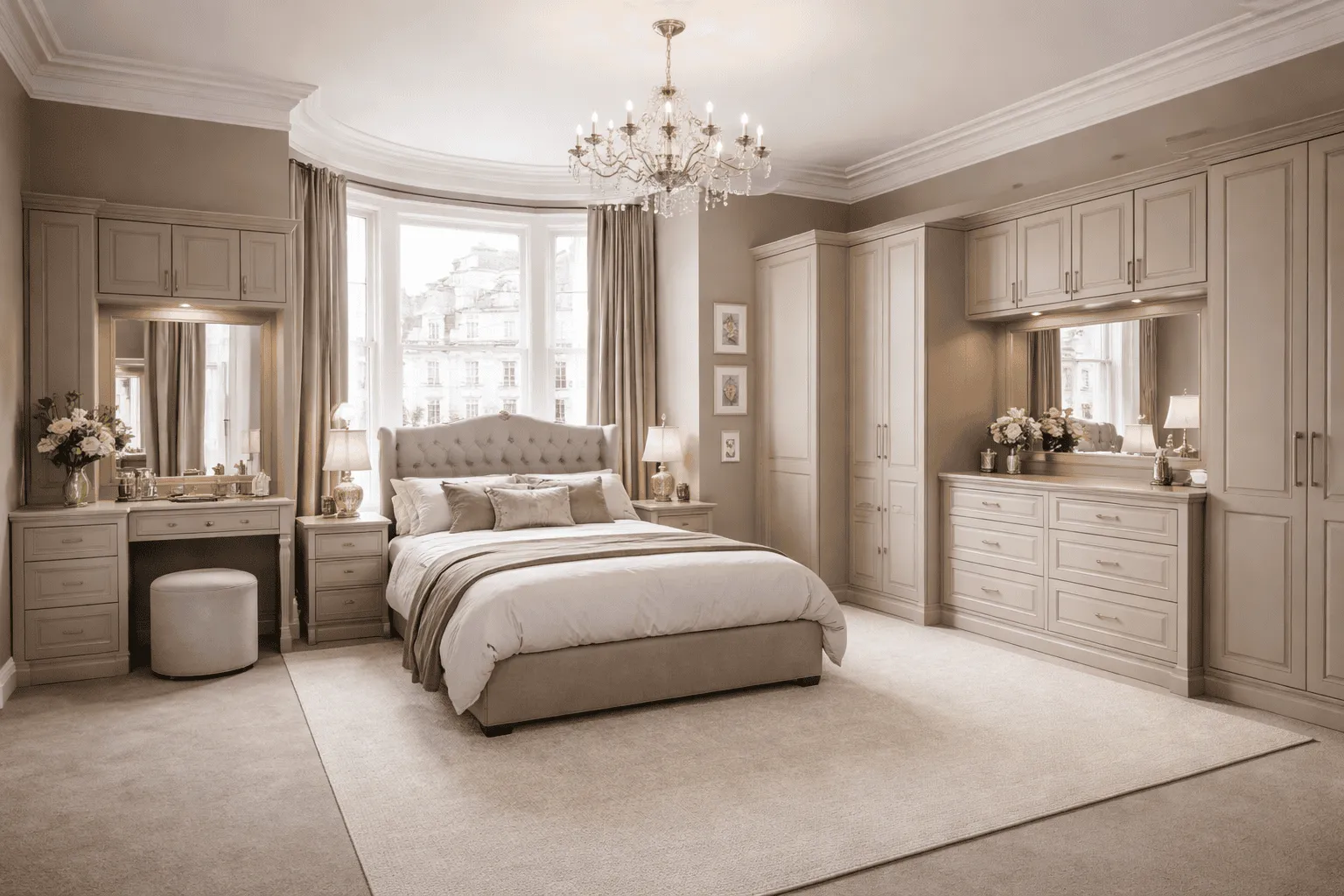 Full fitted bedroom furniture scheme with coordinated wardrobes and storage
