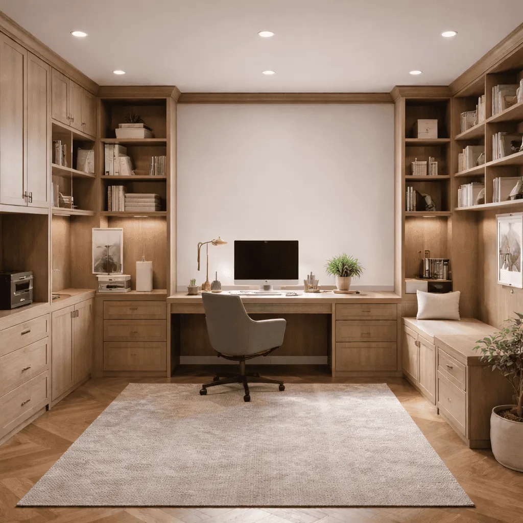 Full fitted home office furniture with desk, shelving and storage