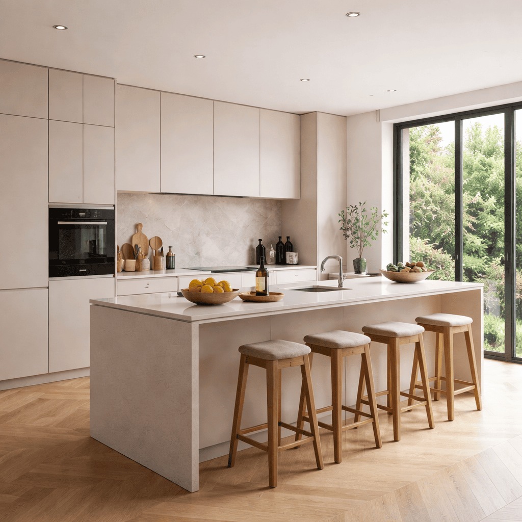 Handleless fitted kitchen with full-height cabinetry, base units and an island
