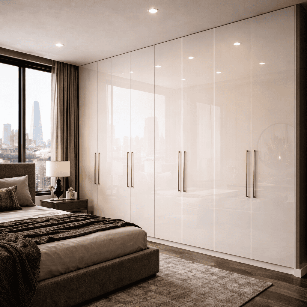 High gloss fitted wardrobe with reflective front panels