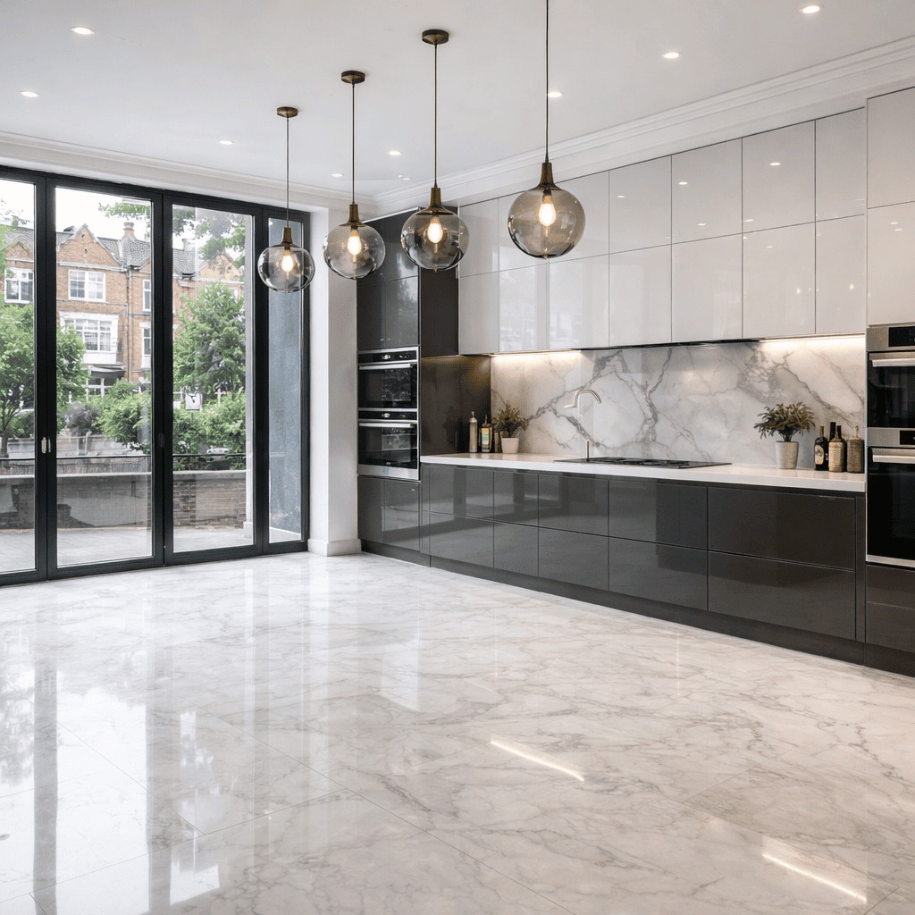 High gloss fitted kitchen with tall appliance housing and coordinated wall cabinetry