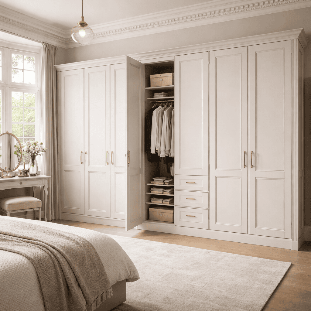 Hinged door fitted wardrobe with classic front panels