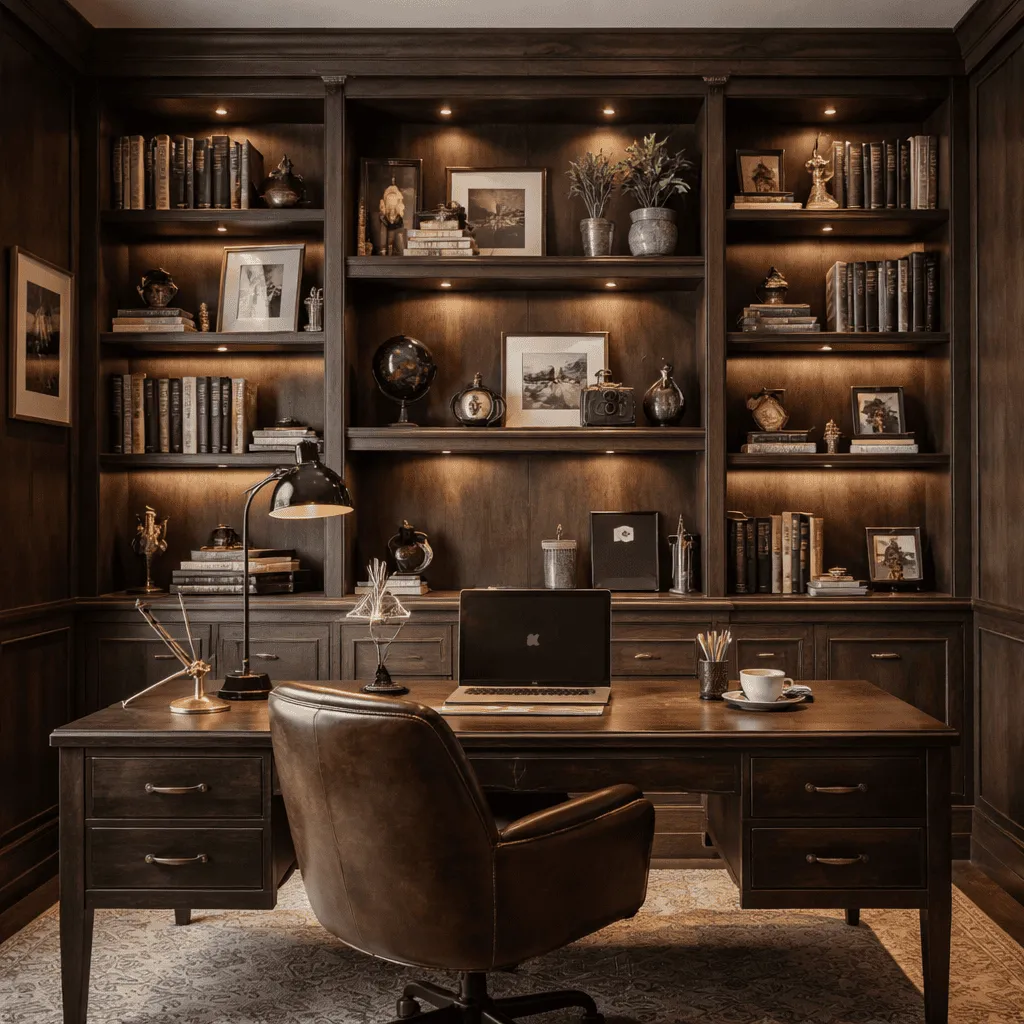 Home office shelving designed above and around a fitted desk