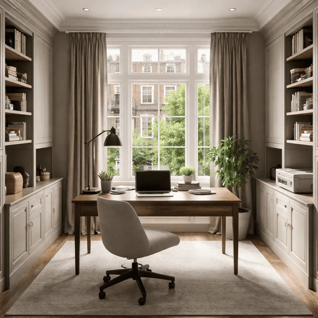 Home office with fitted storage cabinets for everyday organisation