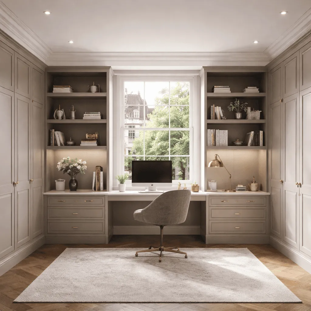 Home office with fitted wardrobes and an integrated desk area