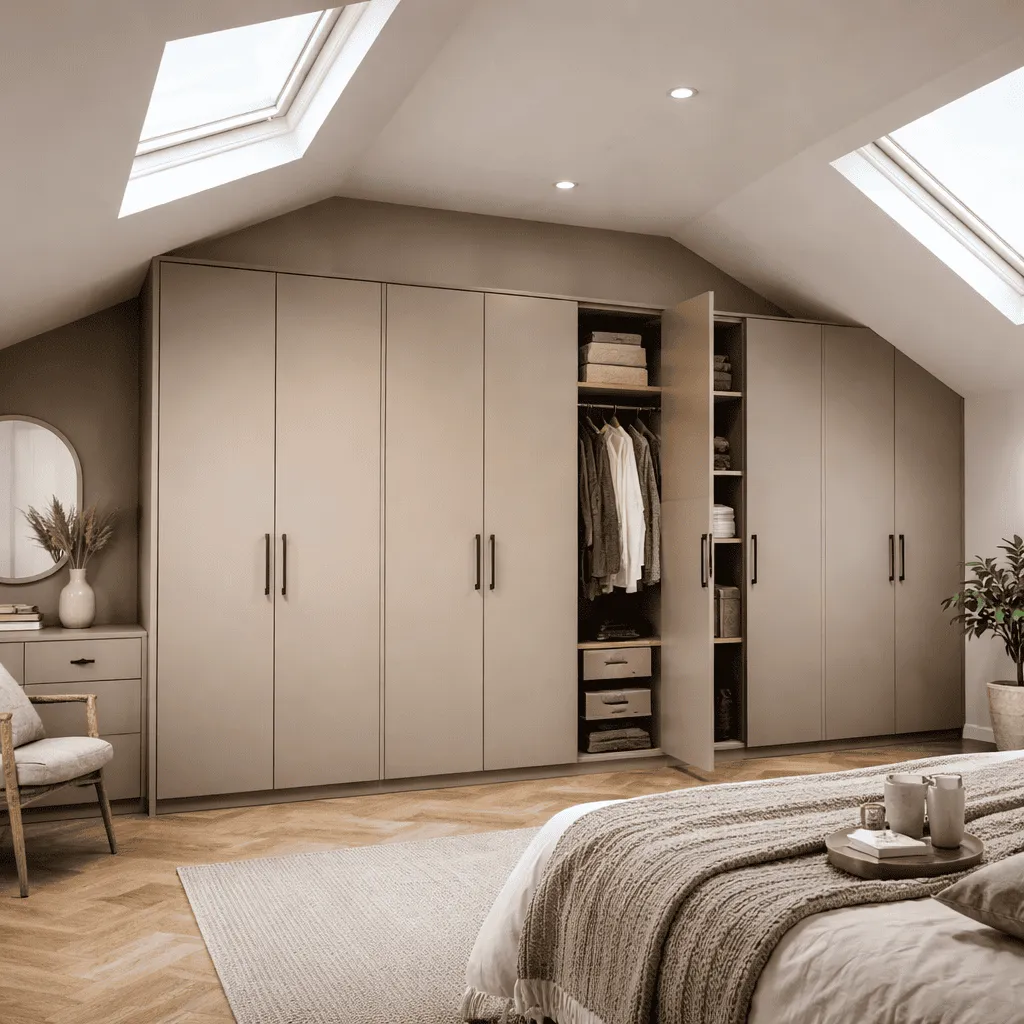 Hinged loft wardrobes fitted across a bedroom wall beneath angled ceilings