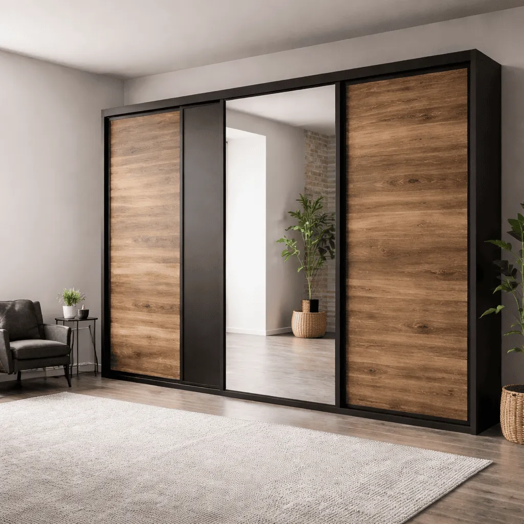 Sliding loft wardrobe doors with mirrored and timber-effect panels