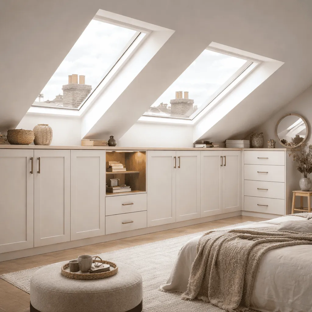 Low-height loft wardrobes fitted beneath skylights with doors, drawers and open shelving