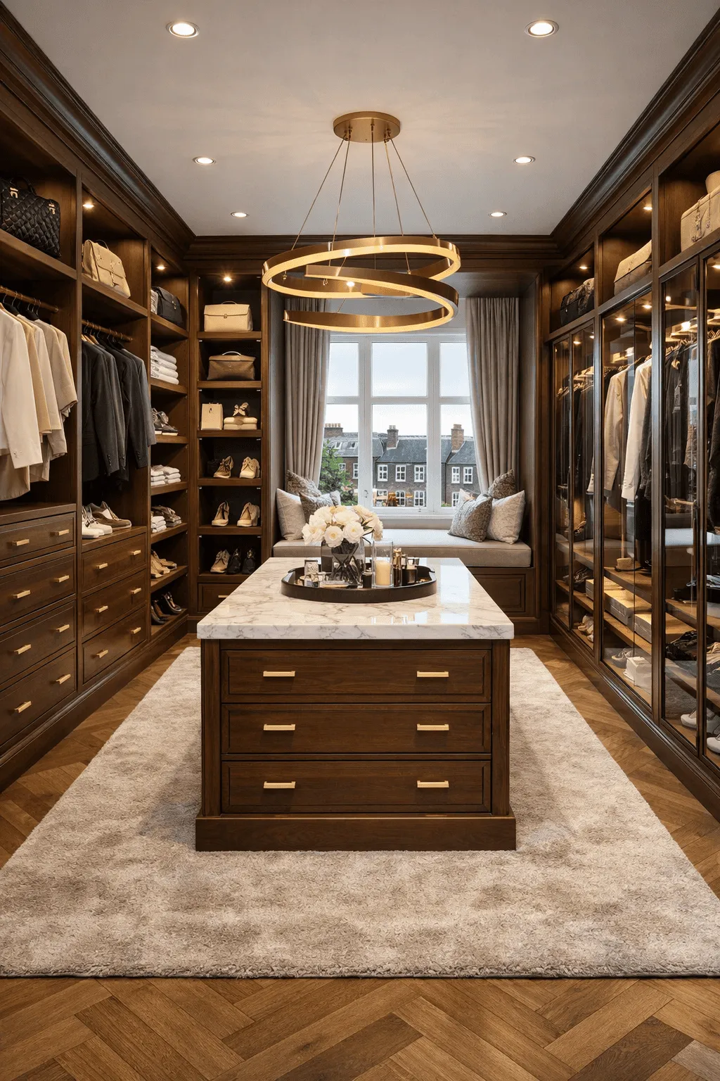 Luxury walk-in wardrobe with open storage, glass-fronted cabinetry, an island unit and integrated lighting