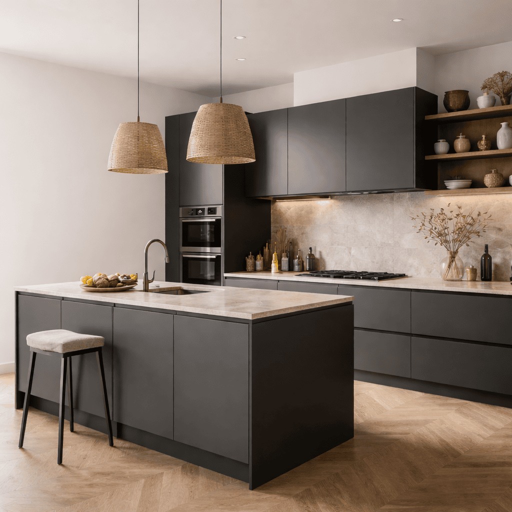 Matt fitted kitchen with island storage, wall units and open internal storage accessories