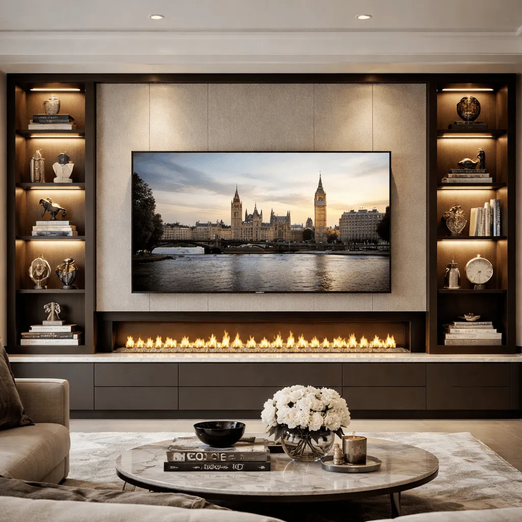 Media wall with television, shelving and an optional fireplace design allowance