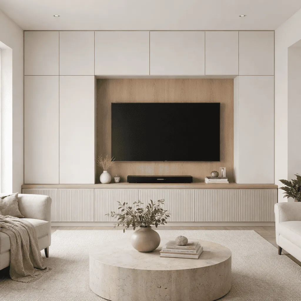 Media wall with concealed storage beneath a television