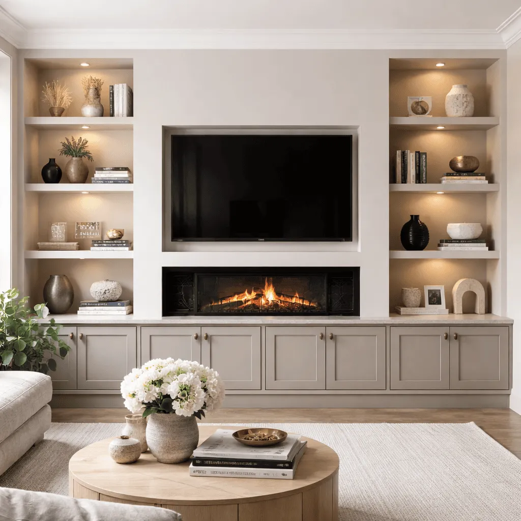 Media wall with display shelving arranged around the television