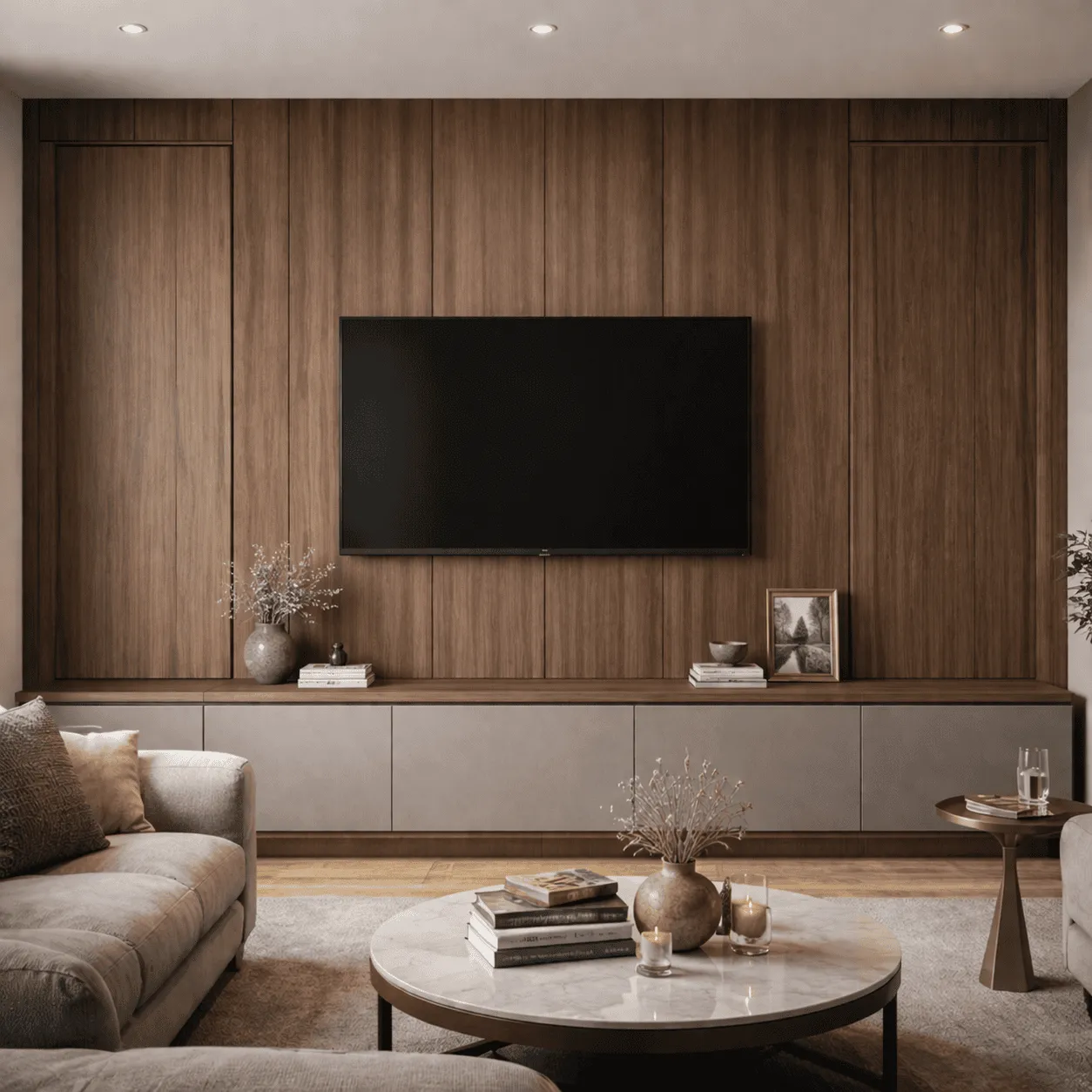 Media wall with warm wood panelling and integrated television