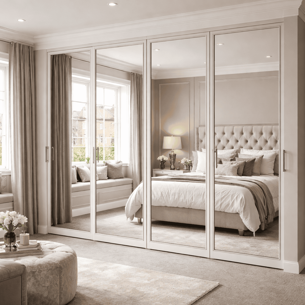 Mirrored door fitted wardrobe in a bedroom