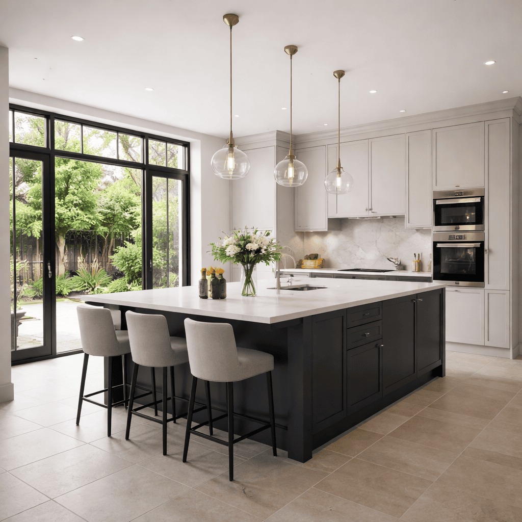 Fitted kitchen with a central island and coordinated wall cabinetry