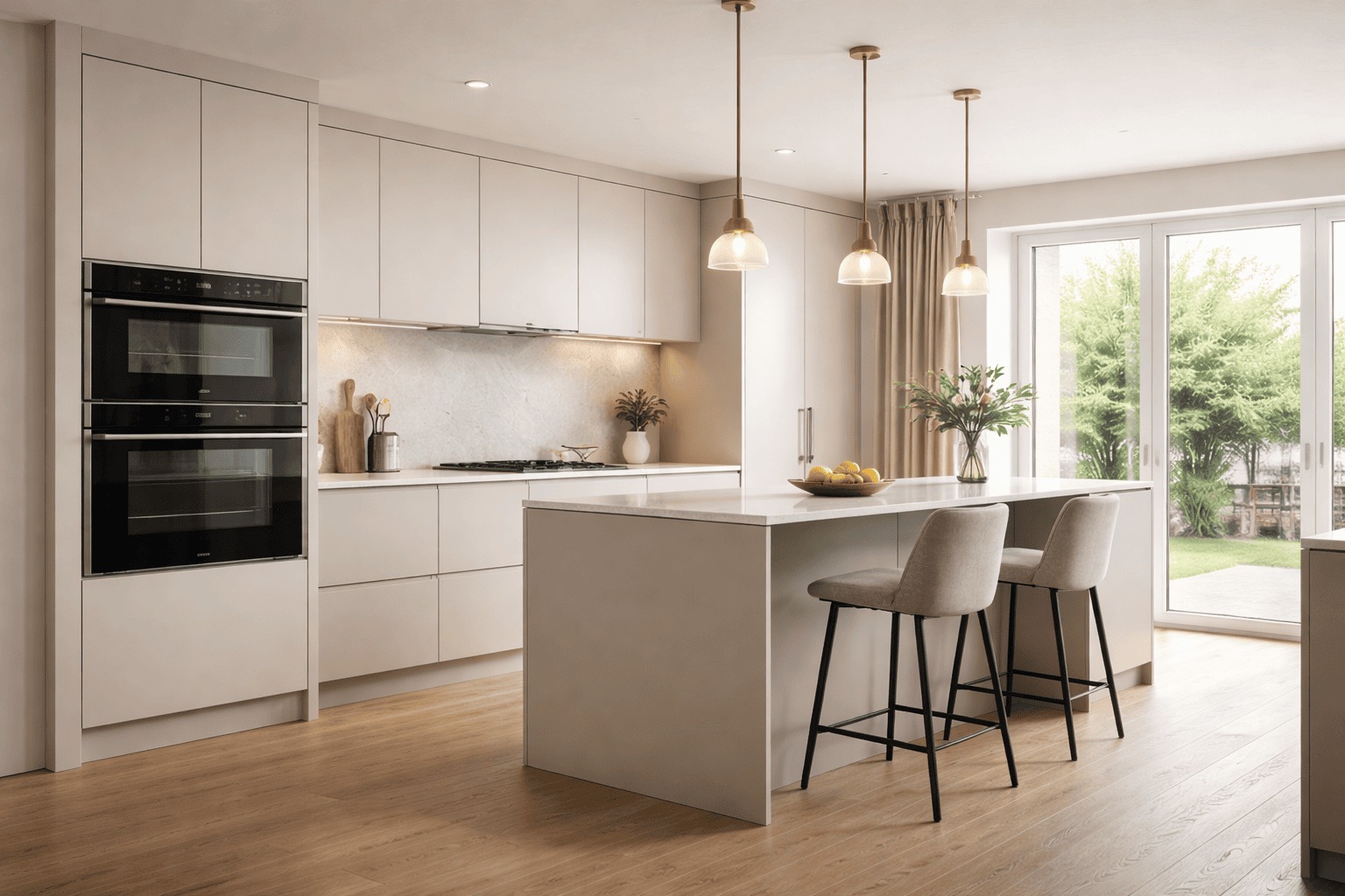 Bespoke fitted kitchen with coordinated cabinetry, appliance housing, worktops and an island
