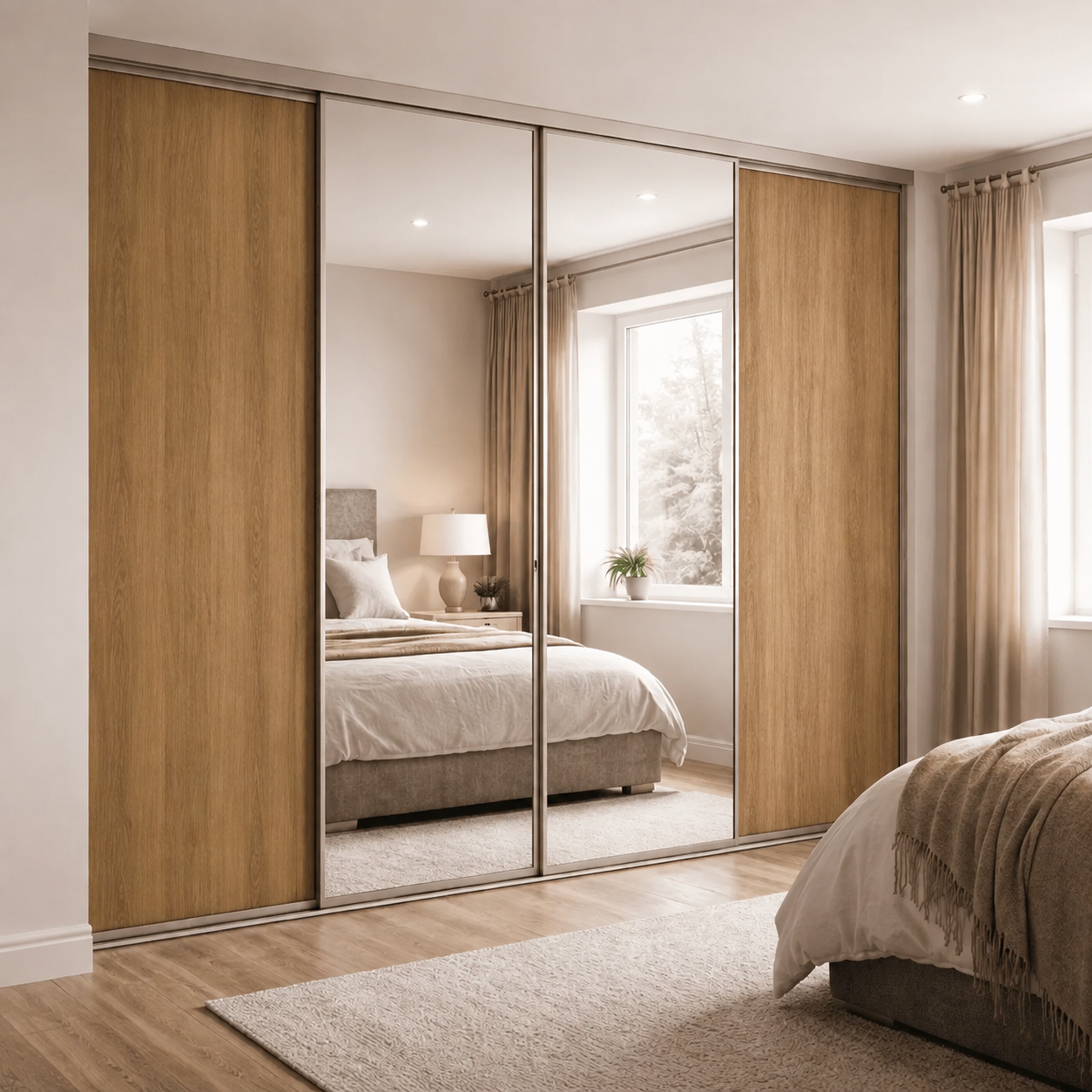 Indicative oak-grained fitted furniture finish