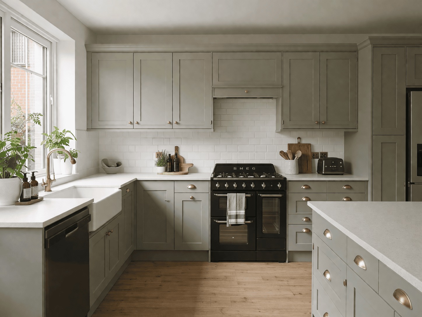 Shaker fitted kitchen with wall units, base cabinets and tall storage