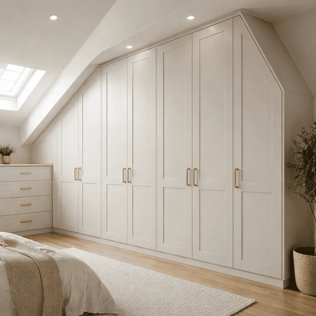 Sloped-ceiling loft wardrobes fitted beneath an angled roofline