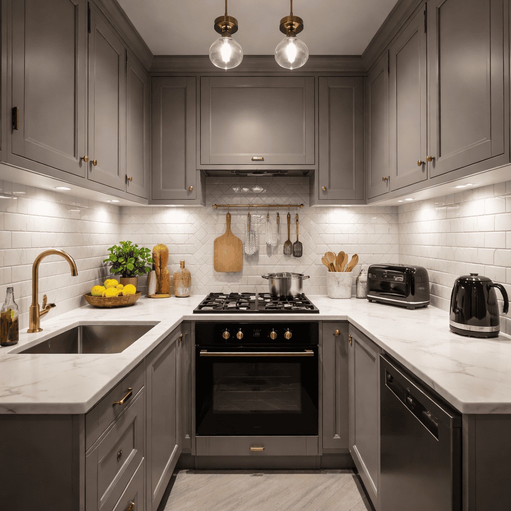 Compact fitted kitchen with planned base cabinets and service position allowances