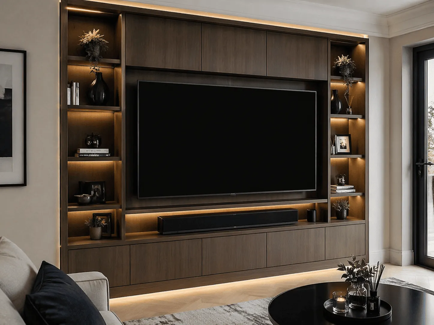 Bespoke media wall unit with a centred television and concealed storage