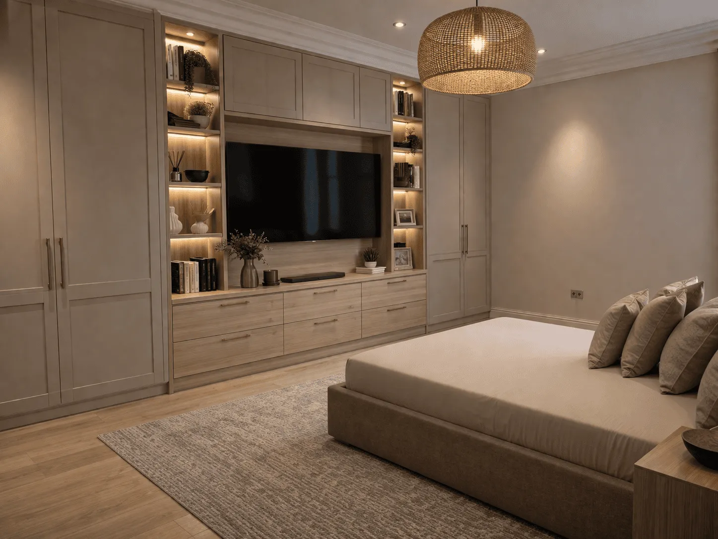 Fitted bedroom furniture with an integrated TV unit