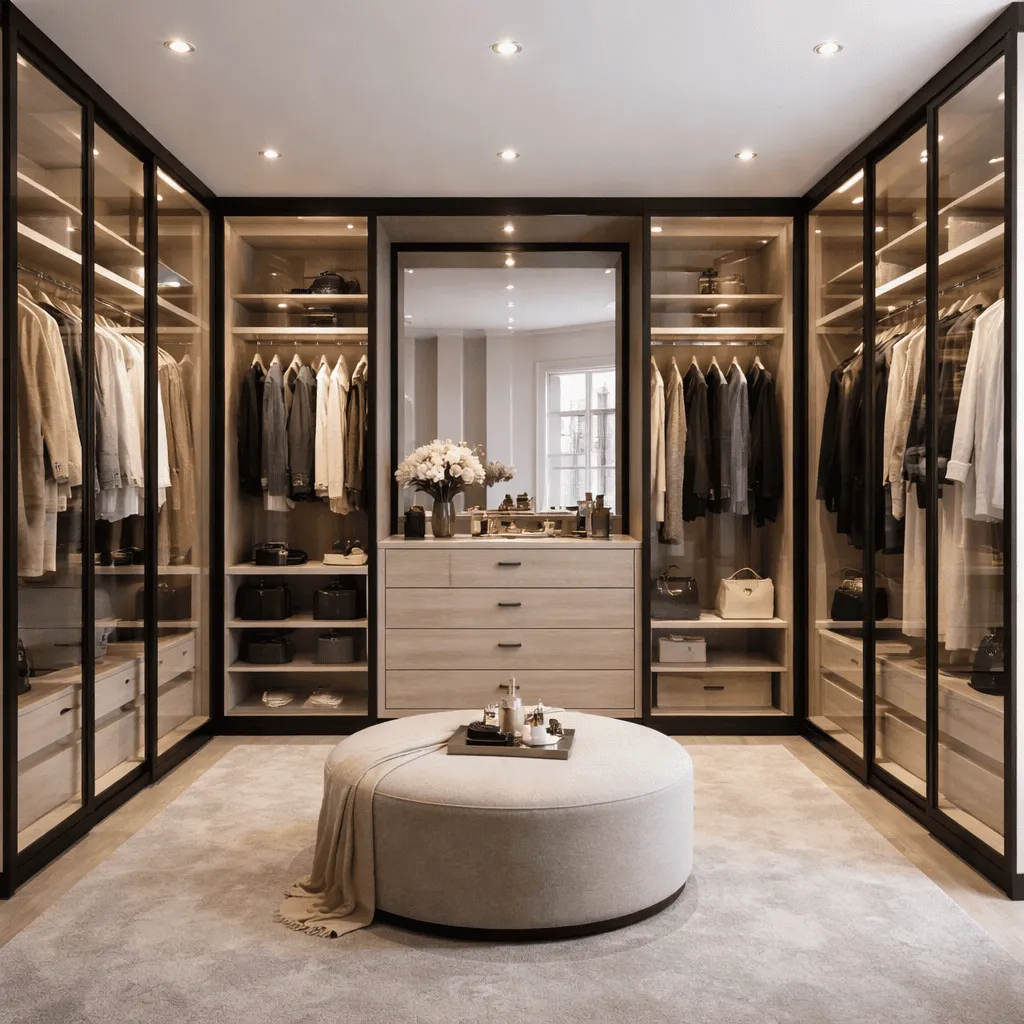 Walk-in wardrobe with glass-fronted storage, hanging rails, shelves and drawer units